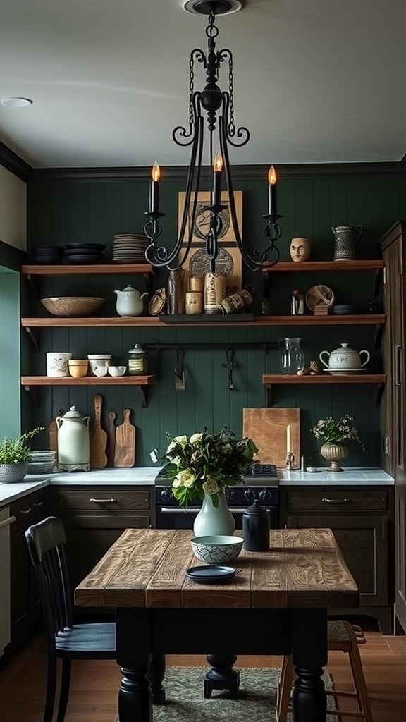 A Gothic farmhouse kitchen with dark green walls, a black chandelier, wooden shelves filled with rustic dishware, and a wooden dining table with fresh flowers.