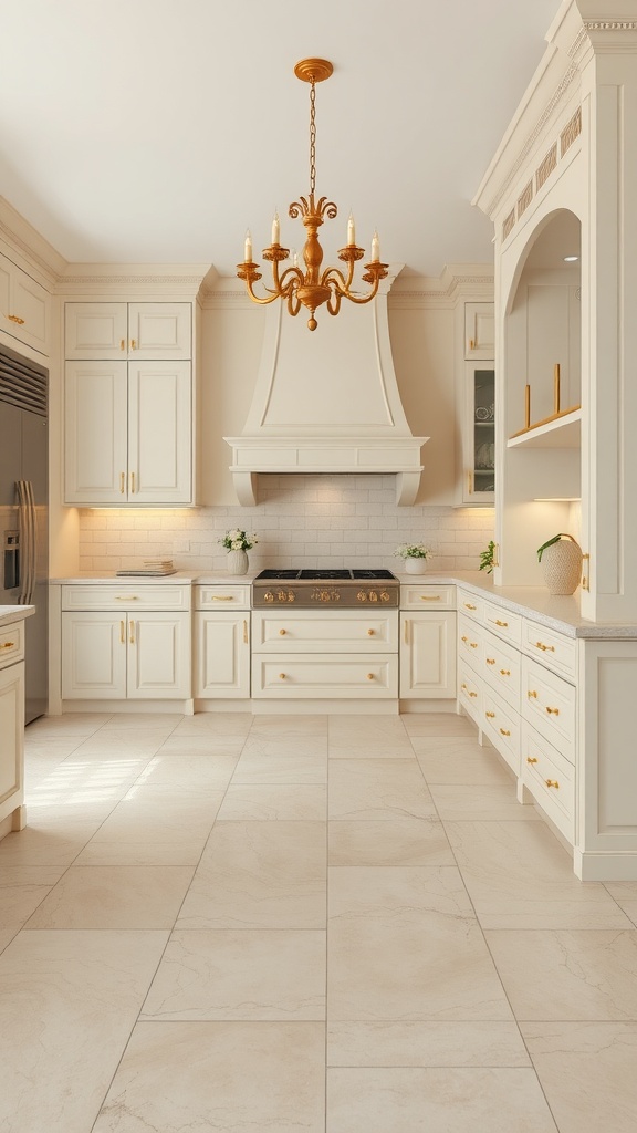 Luxurious kitchen featuring polished limestone flooring, cream cabinetry, and gold accents.