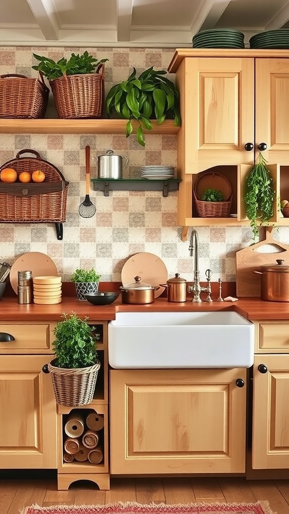 A cozy kitchen featuring terracotta countertops, wooden cabinets, and decorative plants.