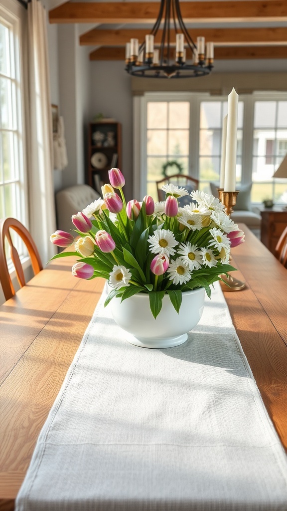 A dining table featuring a centerpiece of pink tulips and white daisies in a white bowl, with a light table runner and natural light coming through the windows.