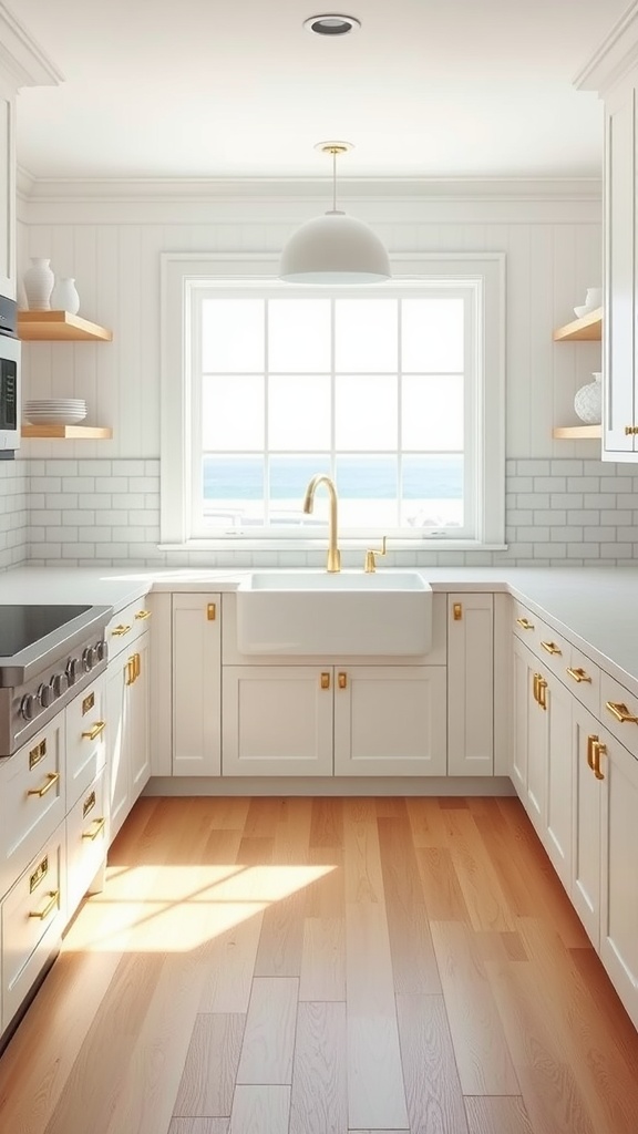 A bright coastal kitchen featuring white cabinets, gold hardware, a large window with ocean view, and wooden flooring.