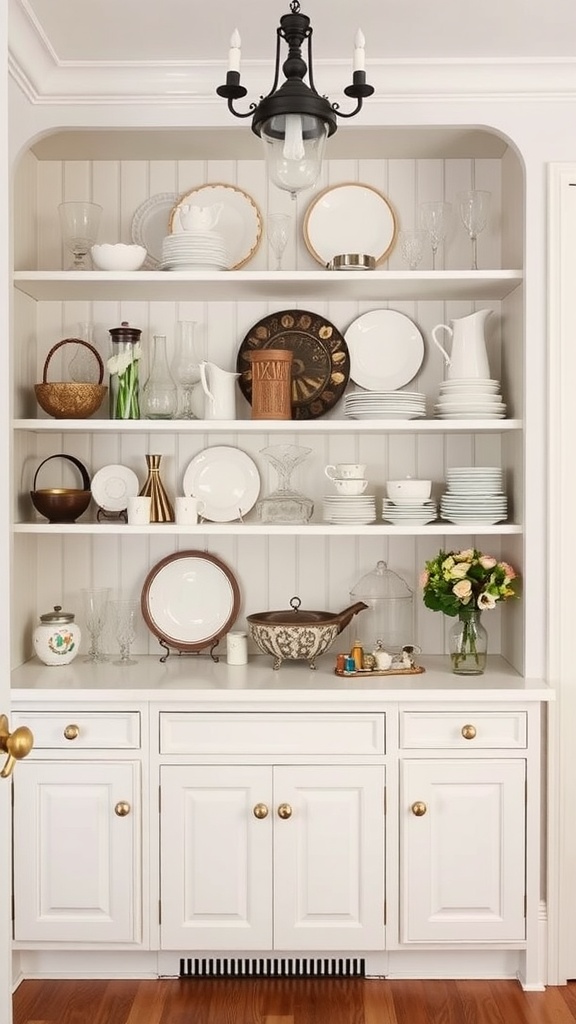 A butler's pantry with open shelving displaying various collectibles, including plates, glasses, and a vase of flowers.