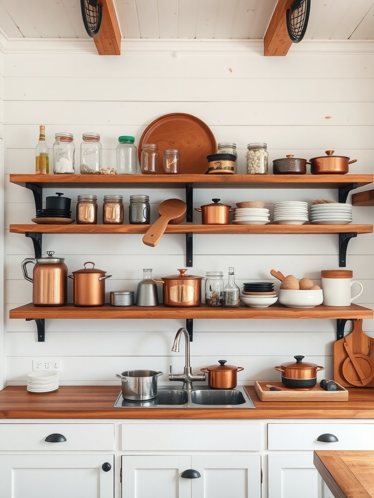 Casual farmhouse-style kitchen shelves displaying various pots, jars, and plates