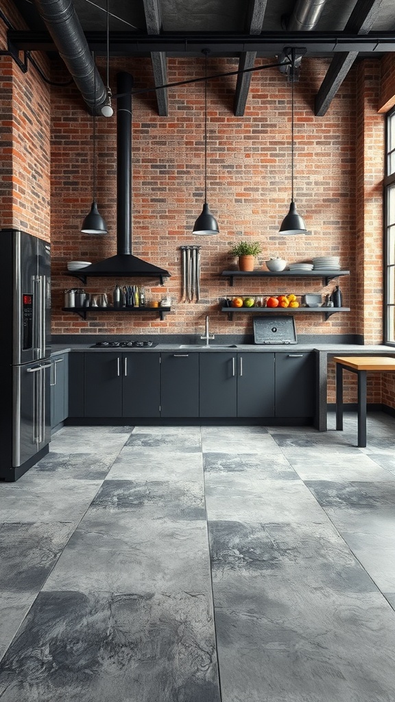 A stylish industrial-chic kitchen featuring concrete-look tiles, exposed brick walls, black cabinetry, and modern lighting.