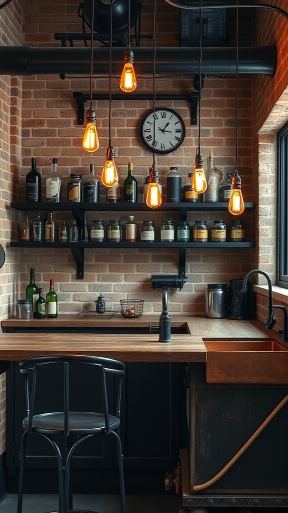 Industrial gothic kitchen featuring brick walls with wooden and metal accents, illuminated by vintage pendant lights.