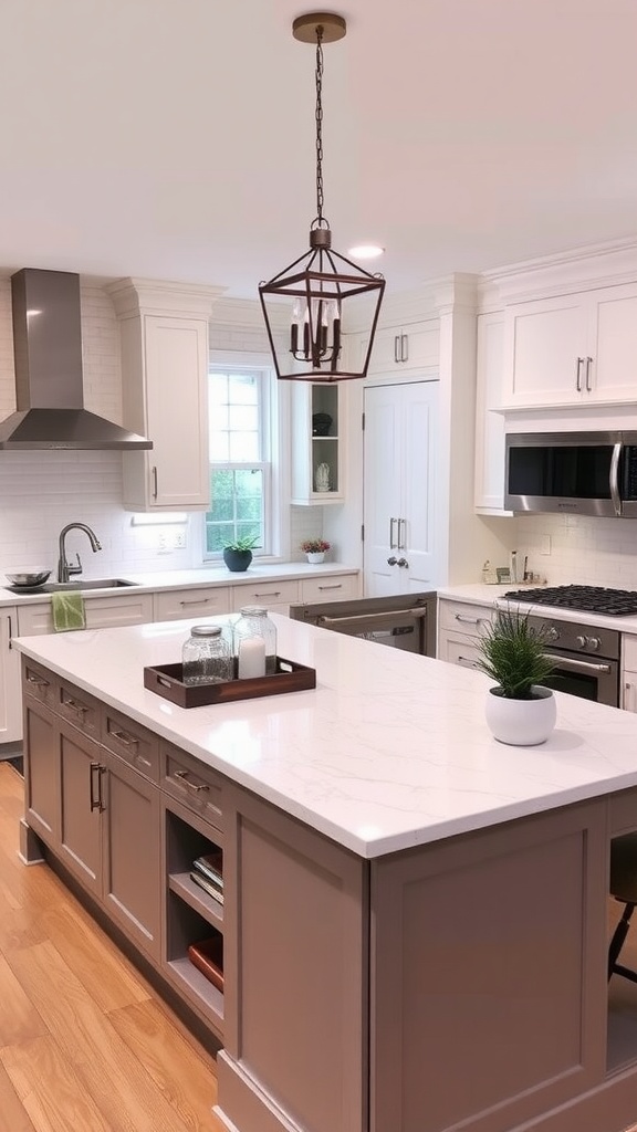 L-shaped kitchen island with light cabinetry and fresh decor items