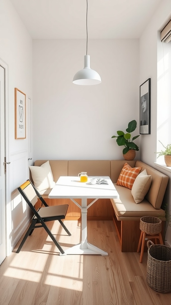 Cozy kitchen nook in a small apartment featuring corner seating, a white table, natural light, and decorative elements.