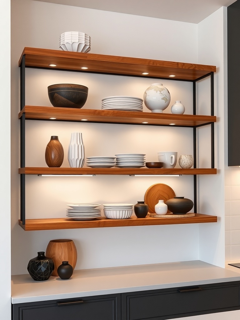 Contemporary open kitchen shelves with wooden and ceramic dishware.