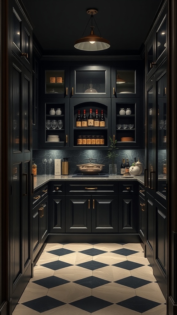 A dark and moody butler's pantry with blue cabinetry, gold accents, and a patterned floor.