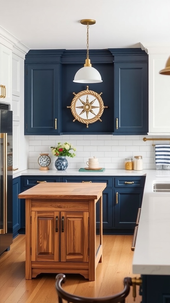 Nautical-inspired kitchen with deep blue cabinets, wooden island, and ship's wheel decor.