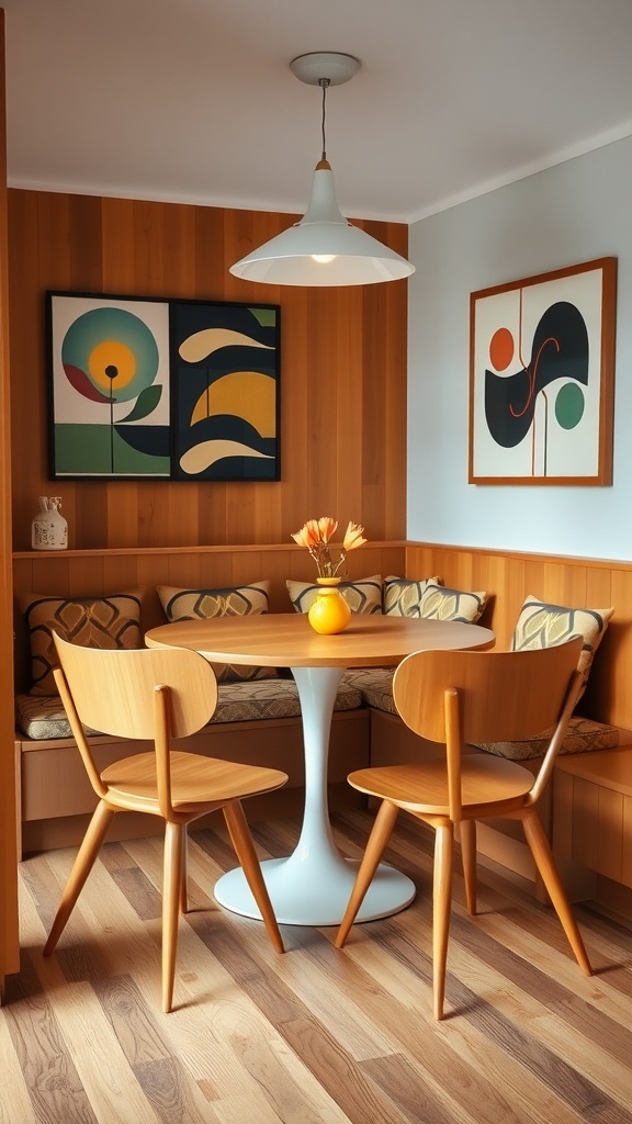 Mid-century modern kitchen nook with wooden walls, circular white table, and cushioned bench