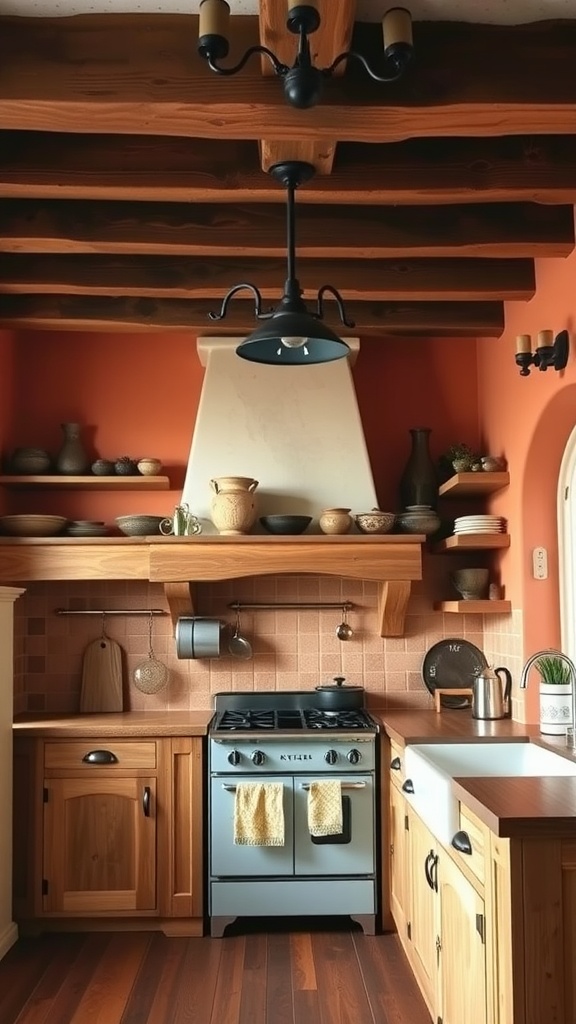 A rustic kitchen featuring wooden beams, terracotta walls, and a vintage stove, creating a warm and inviting atmosphere.