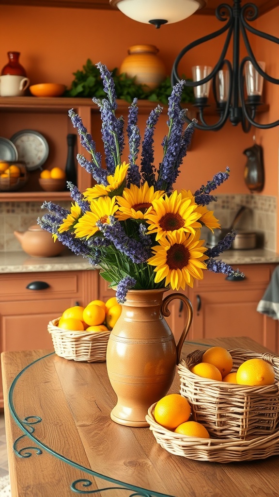 A cozy kitchen with terracotta cabinets, a wooden table with a vase of sunflowers and lavender, and woven baskets filled with fresh oranges.