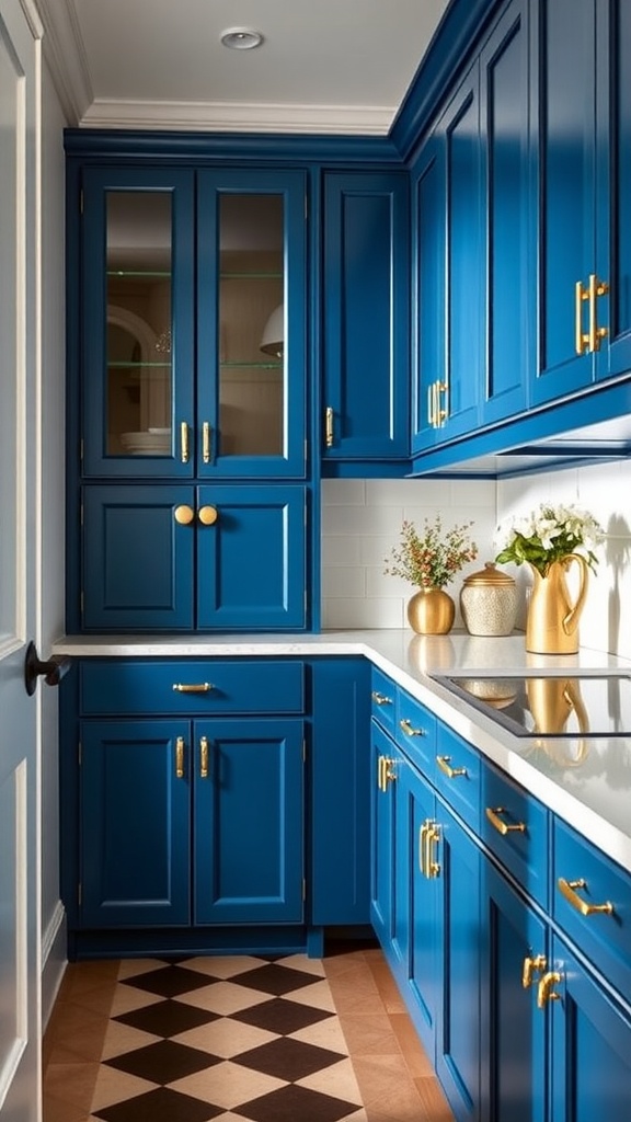 Butler's pantry featuring blue cabinets with gold hardware and patterned floor.