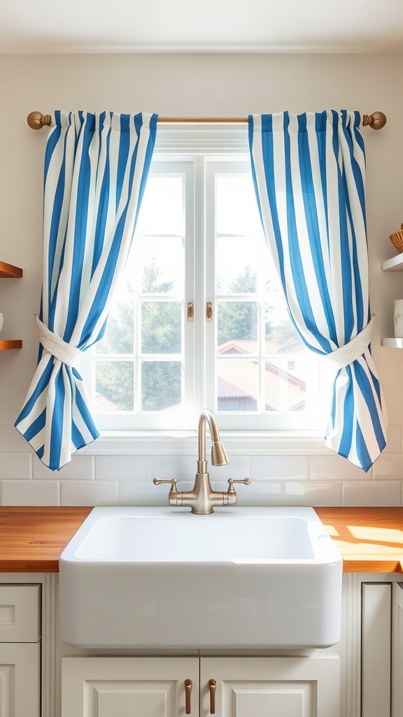 Coastal-inspired blue and white striped curtains hanging over a kitchen sink window.