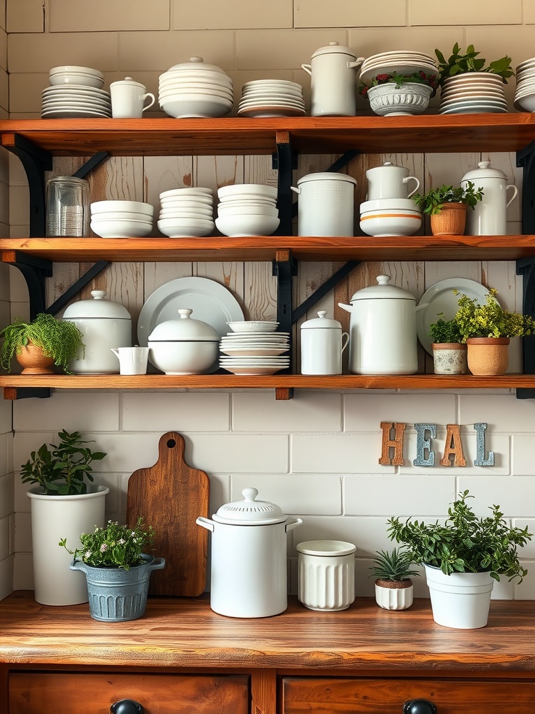 Farmhouse-style kitchen shelves with white dishware, plants, and rustic wood accents