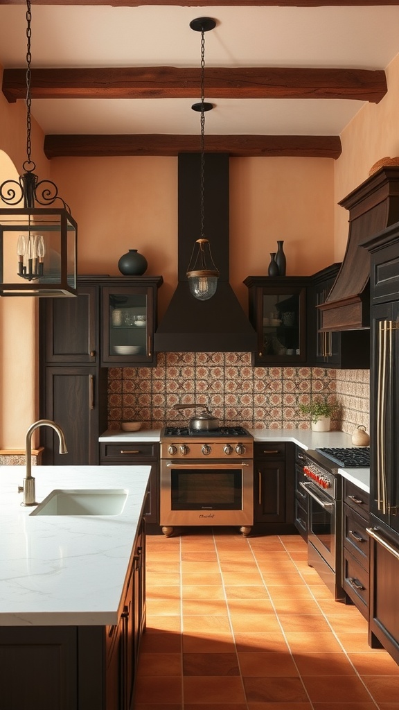 A modern Spanish-style kitchen featuring terracotta elements, dark wood cabinetry, patterned backsplash, and pendant lighting.