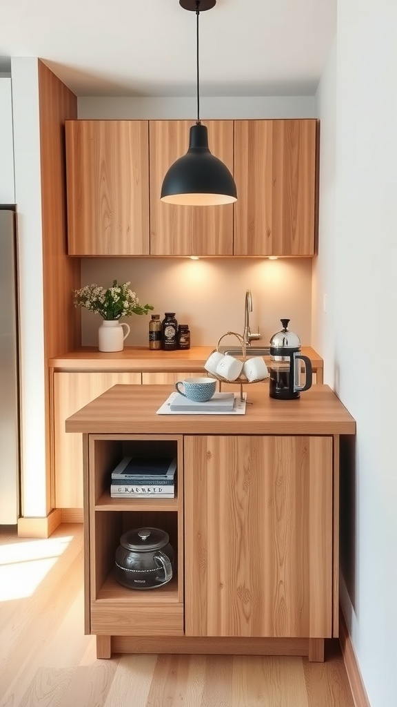 A narrow kitchen island made of warm wood with open shelving and a pendant light, styled for a compact space.