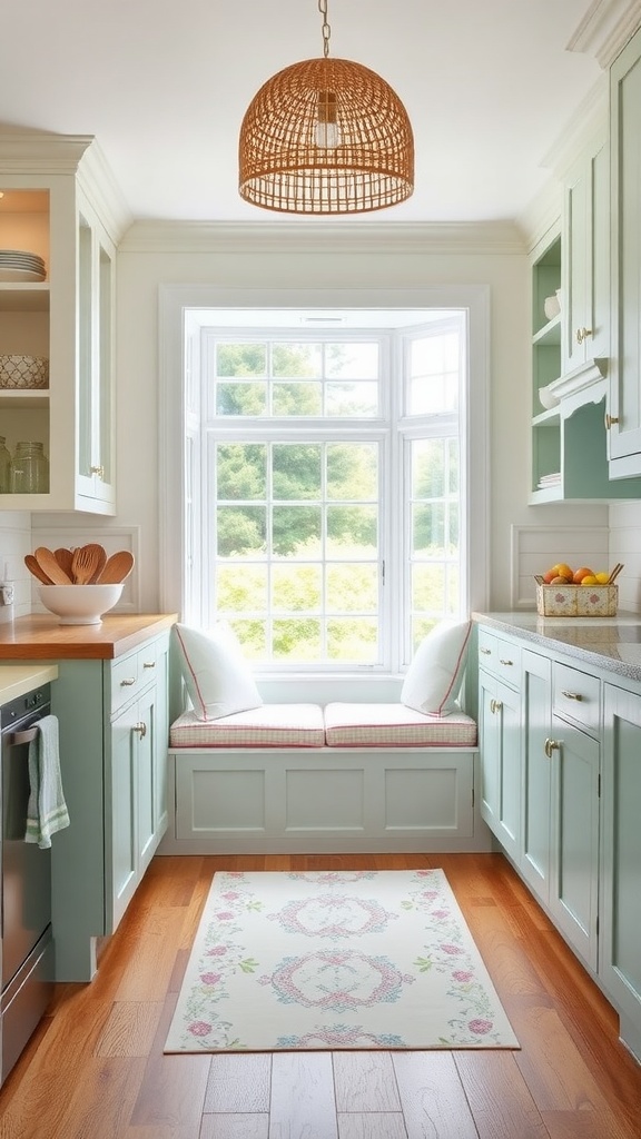 A pastel green coastal kitchen with a large bay window and wooden accents, featuring a cozy window seat and floral rug.