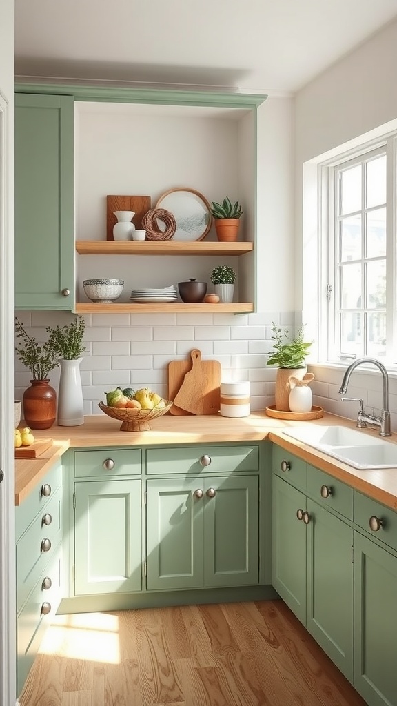 A cozy butler's pantry with green cabinets, natural wood accents, and a bright window