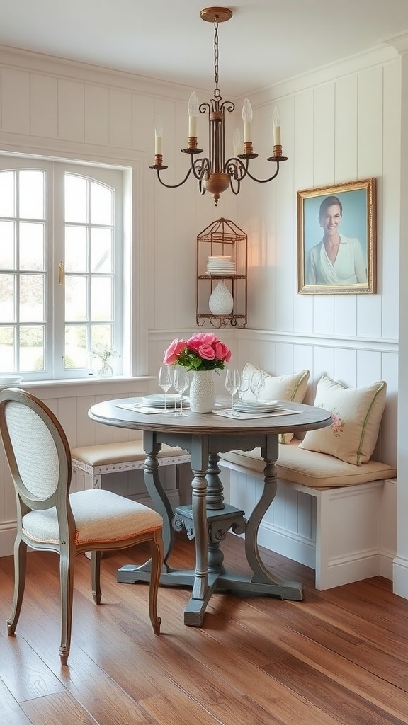 A cozy French country kitchen nook with a round table, elegant chandelier, and comfortable seating.