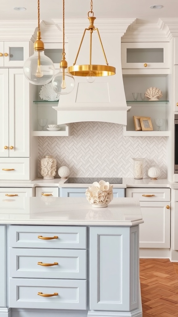 A coastal kitchen with gold accents, blue cabinetry, and a herringbone backsplash.