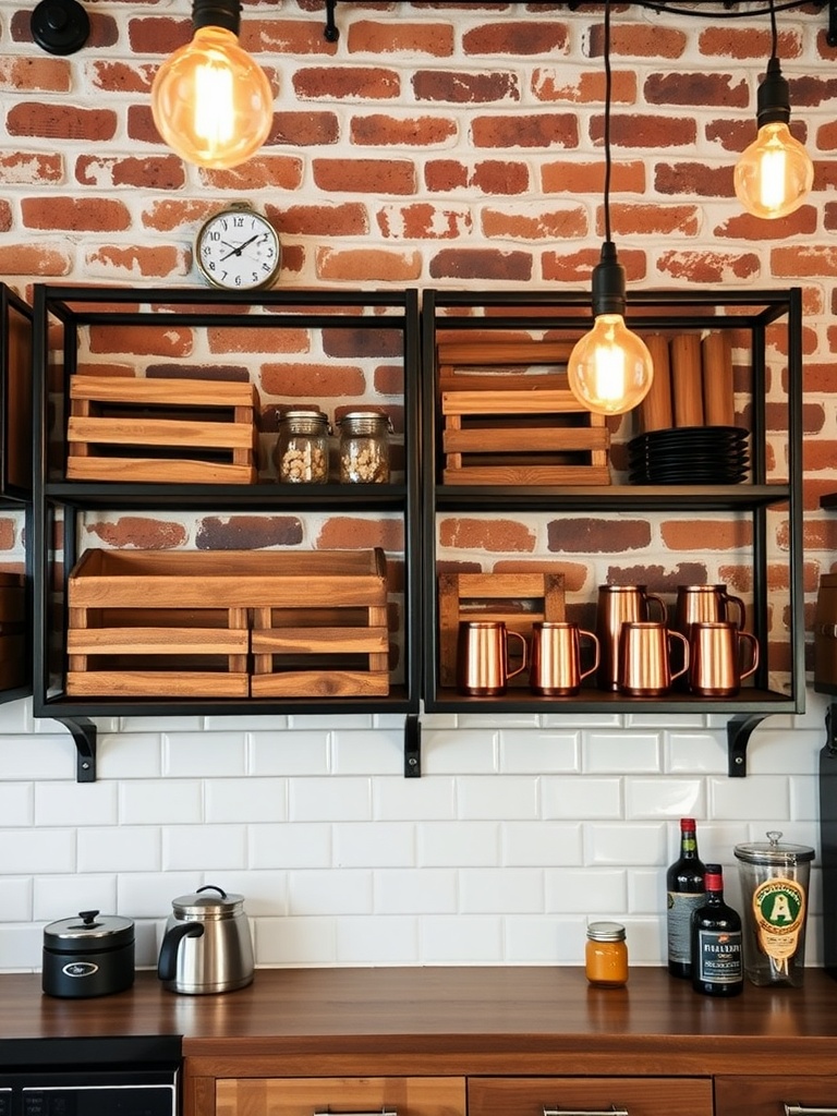 Industrial kitchen shelving with wooden crates, copper mugs, and a brick wall