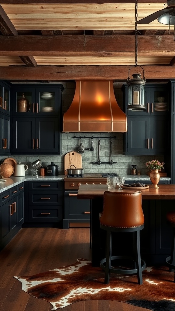 A moody Western kitchen featuring black cabinetry, copper finishes, and wooden accents.