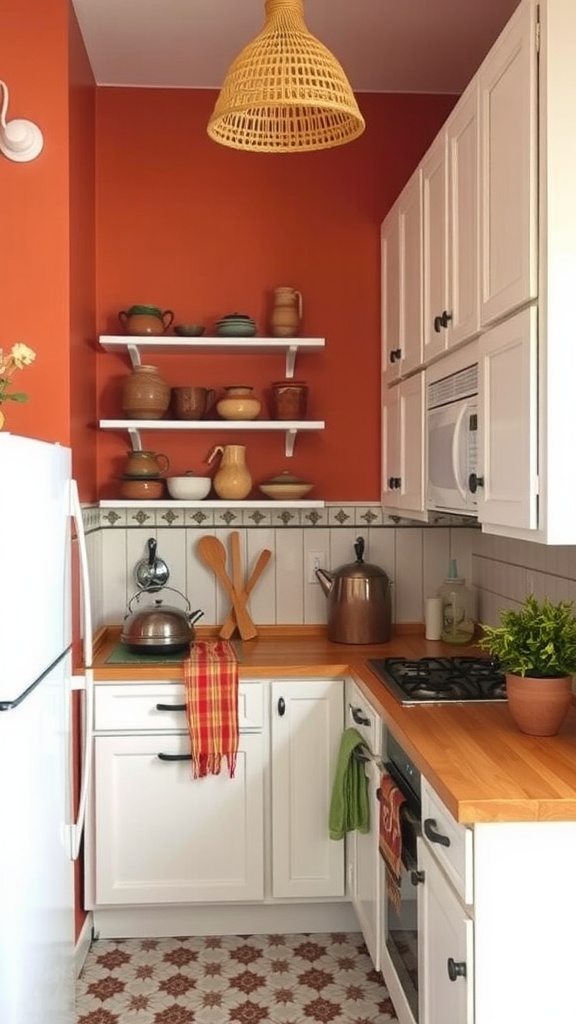 Cozy kitchen featuring terracotta accents, open shelving with pottery, and warm lighting