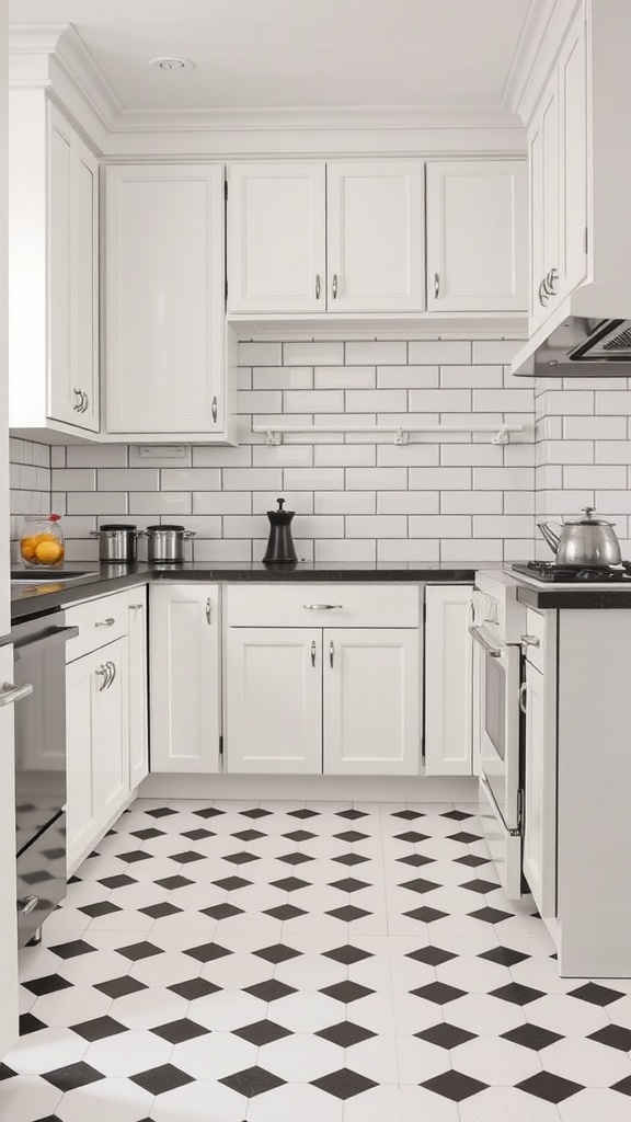 A kitchen with black and white geometric floor tiles, white cabinets, and black countertops.