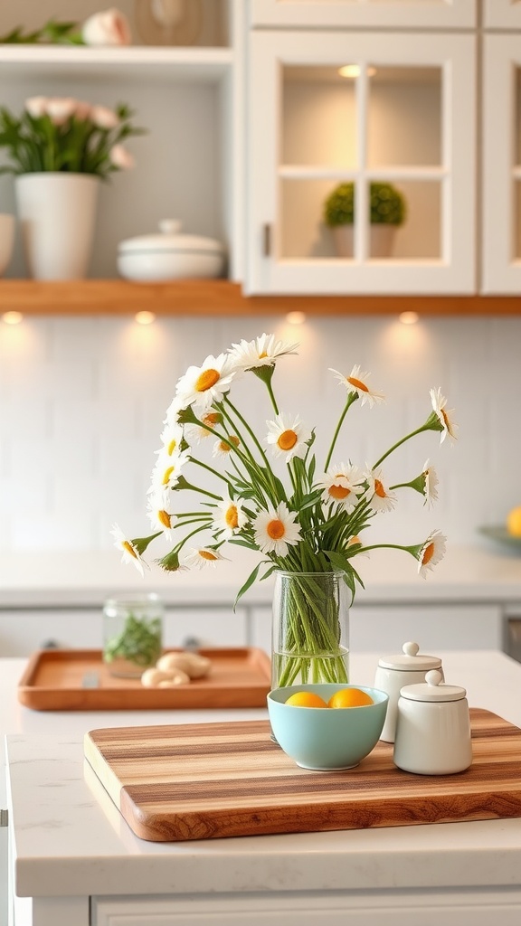 A spring styled kitchen countertop featuring a vase of daisies, a bowl of oranges, and white containers on a wooden cutting board.