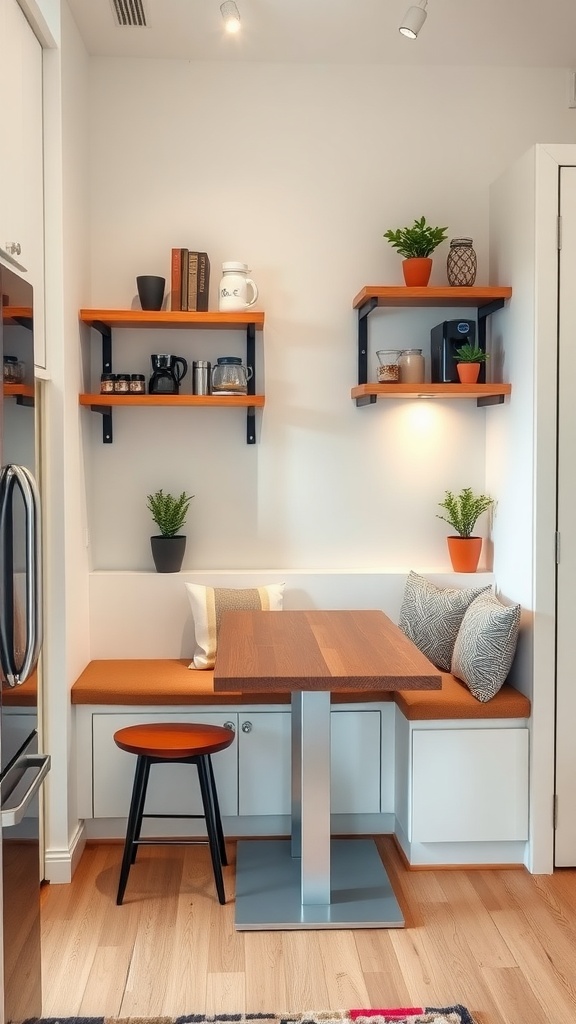 Cozy breakfast nook with built-in coffee station, featuring a wooden table, bench seating, and open shelves with plants.