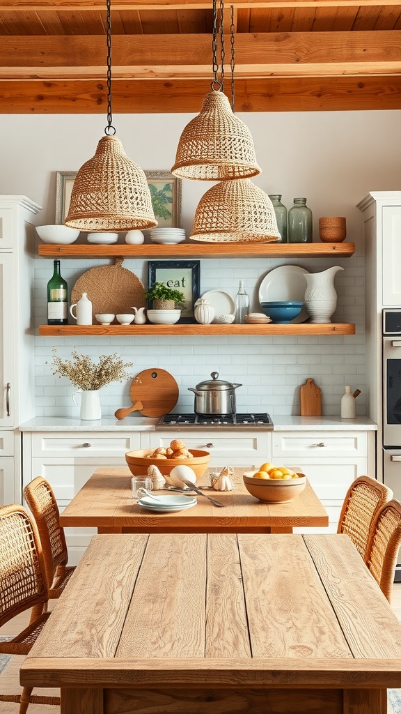 A rustic coastal kitchen featuring woven light fixtures, open shelving with dishware, and a warm wooden dining table.