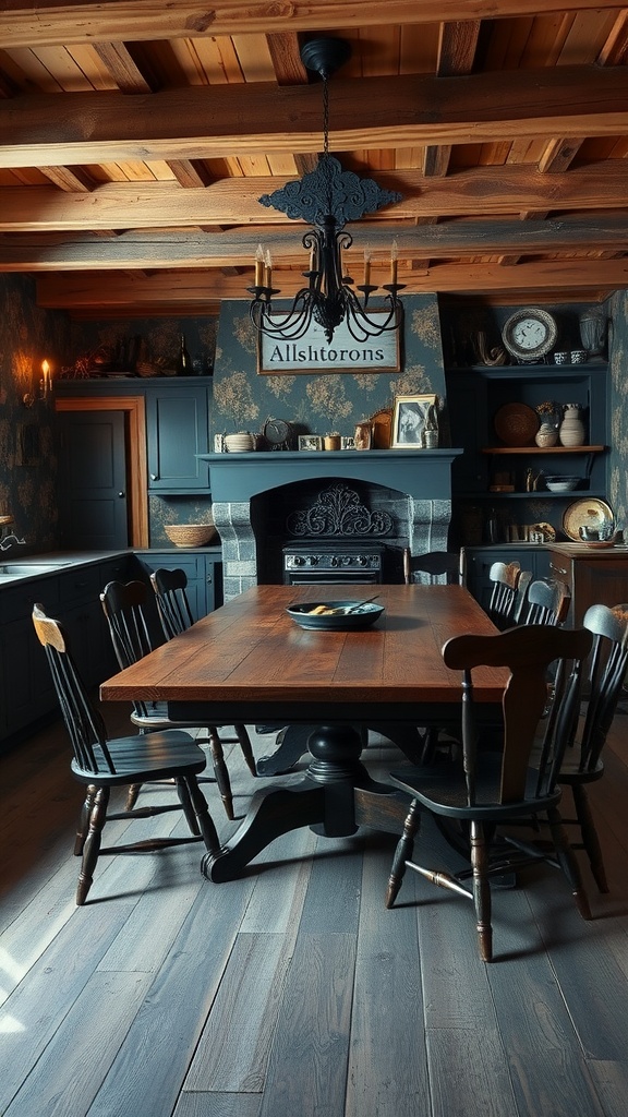 A rustic kitchen featuring aged wooden textures, dark cabinetry, and a large wooden dining table.