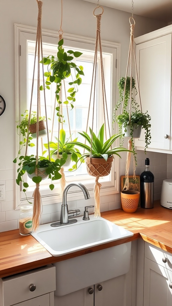 A kitchen window with macrame hanging planters filled with various green plants.