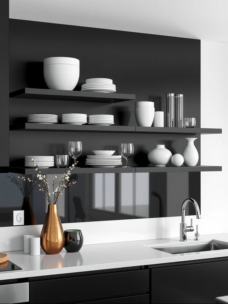 Sleek open kitchen shelves with white dinnerware against a black background, featuring a stylish vase and decorative elements