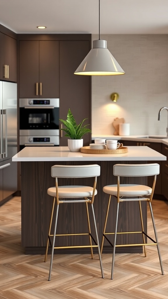 Stylish kitchen island with modern stools and decor