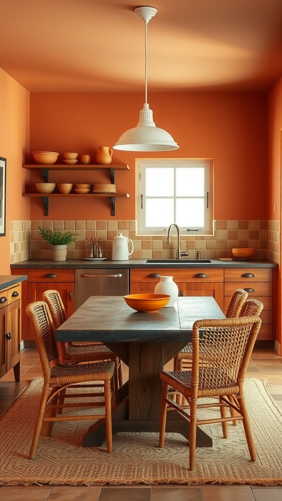 Warm terracotta dining room with a wooden table and woven chairs, connected to a cozy kitchen.