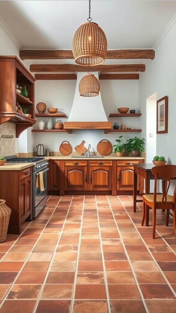 A warm and earthy kitchen featuring terracotta tile flooring, wooden cabinets, and natural decor.