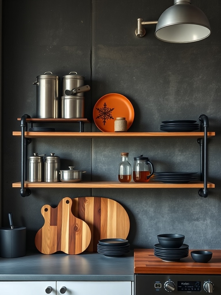 Industrial-style open kitchen shelves with black pipes, wooden shelves, and displayed kitchen items