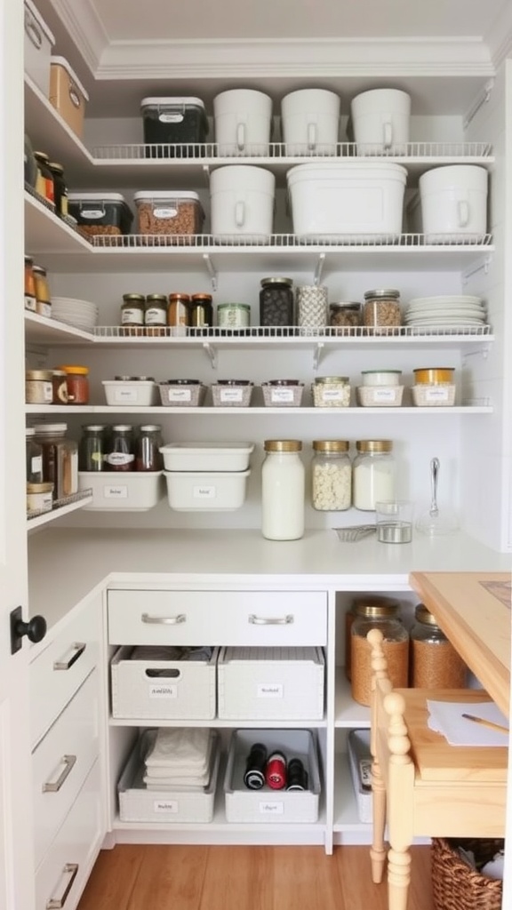 An organized butler's pantry with shelves, jars, and a small workspace.