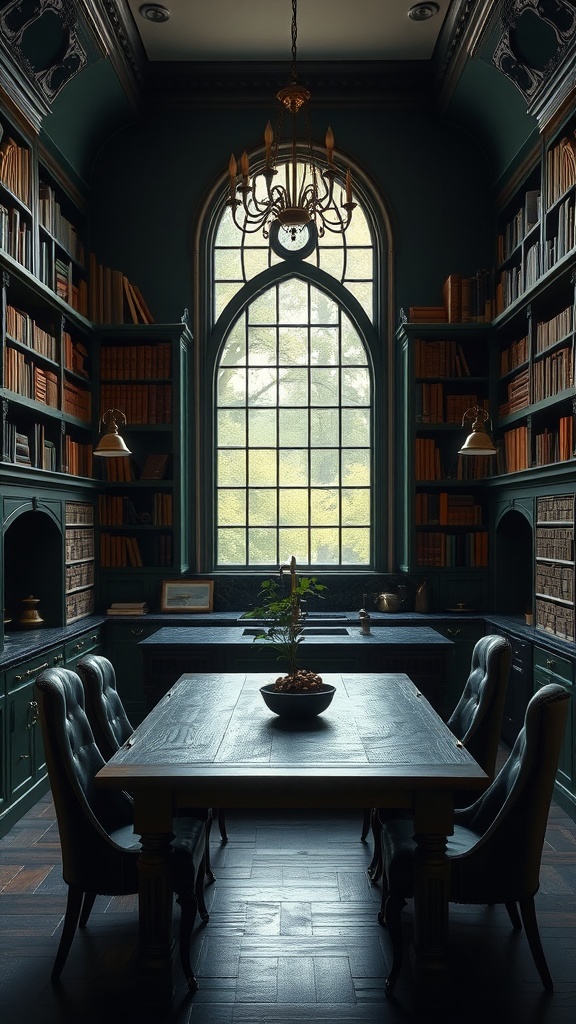 A cozy dark academia kitchen featuring antique bookshelves, a large window, and elegant furniture.