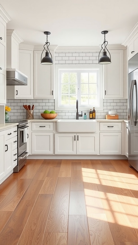 Modern farmhouse kitchen with wood-look tile flooring and white cabinets