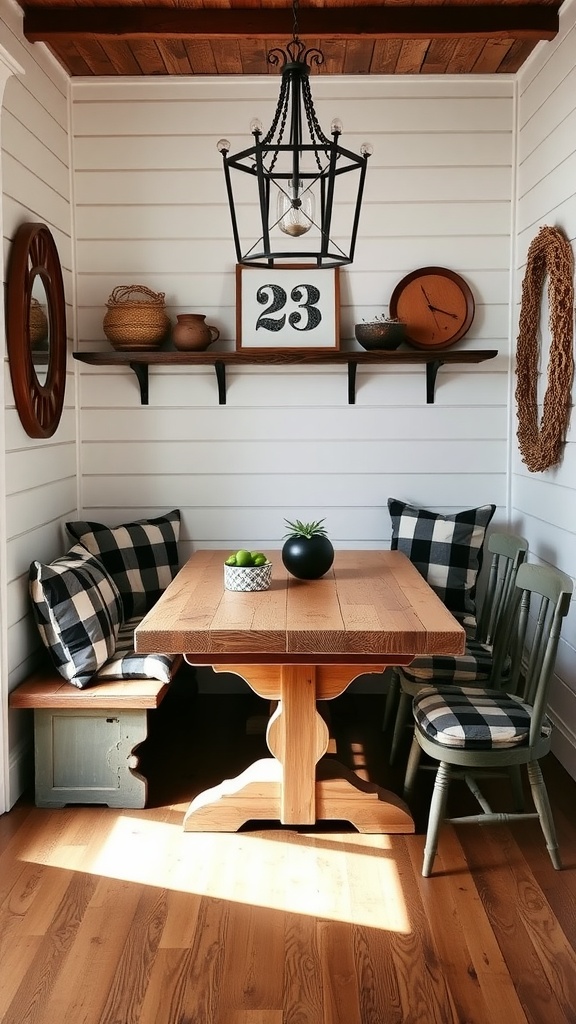 Rustic farmhouse kitchen nook with wooden accents, featuring a wooden table, plaid cushions, and decorative shelves.