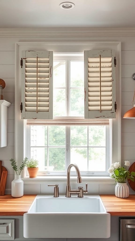 A kitchen sink with rustic window shutters, showcasing a cozy farmhouse style.