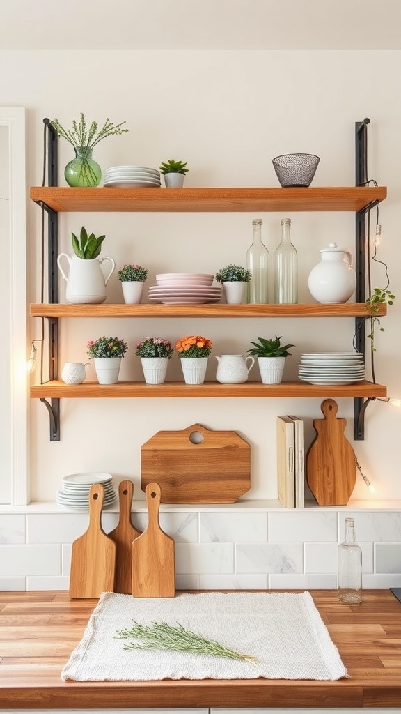 Rustic wooden kitchen shelves with dishes, plants, and a cozy arrangement.