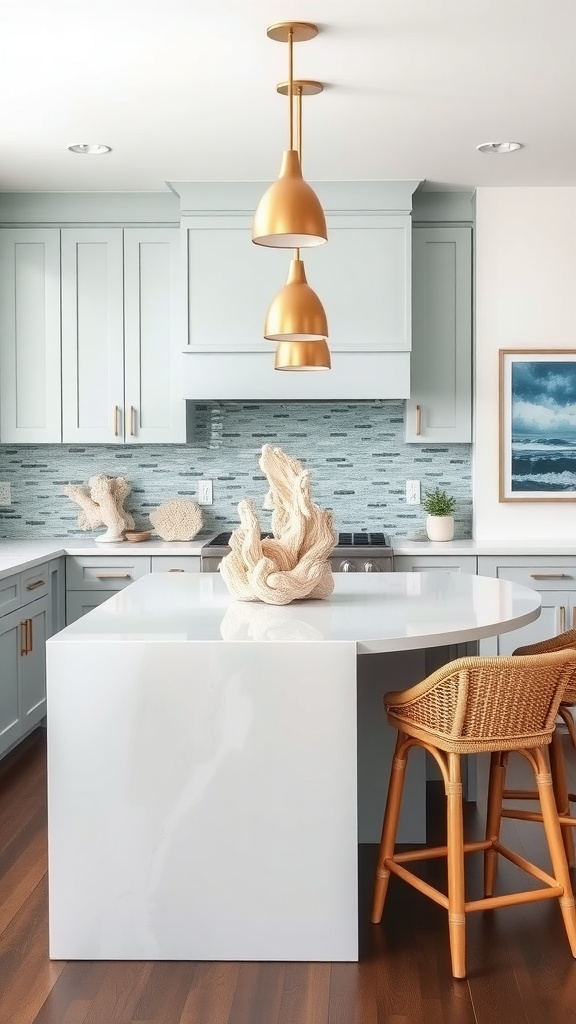 Modern coastal kitchen featuring a waterfall island, light blue cabinets, golden pendant lights, and a natural coral centerpiece.