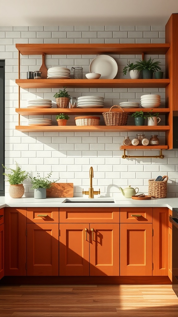 Terra cotta kitchen cabinets with open shelving, featuring plates and plants.