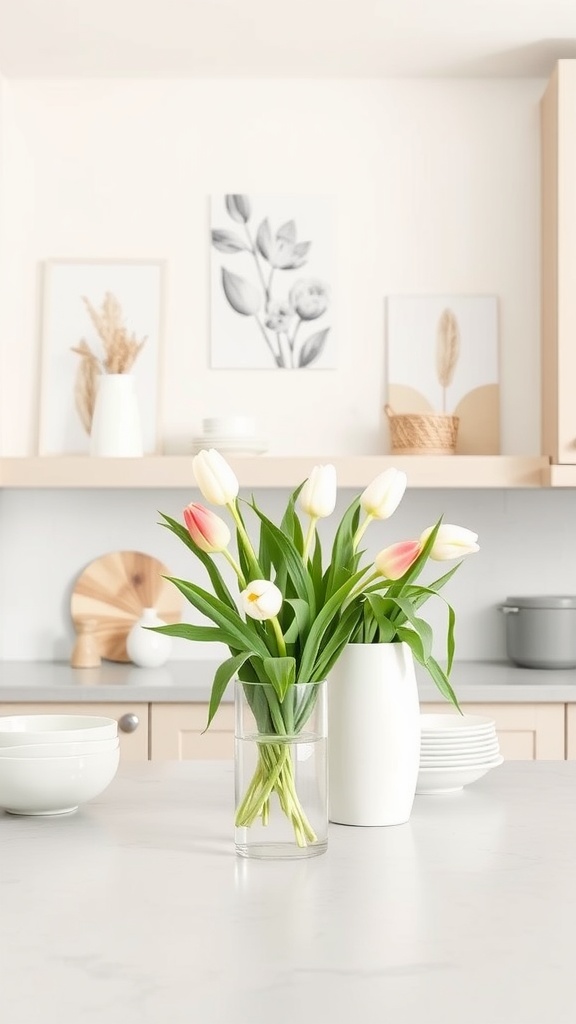 A minimalist kitchen decor featuring a glass vase with tulips, white dinnerware, and art pieces on the wall.