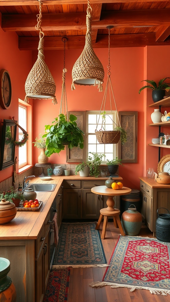 A cozy bohemian kitchen featuring terracotta decor accents, with wooden cabinets, braided pendant lights, and abundant greenery.